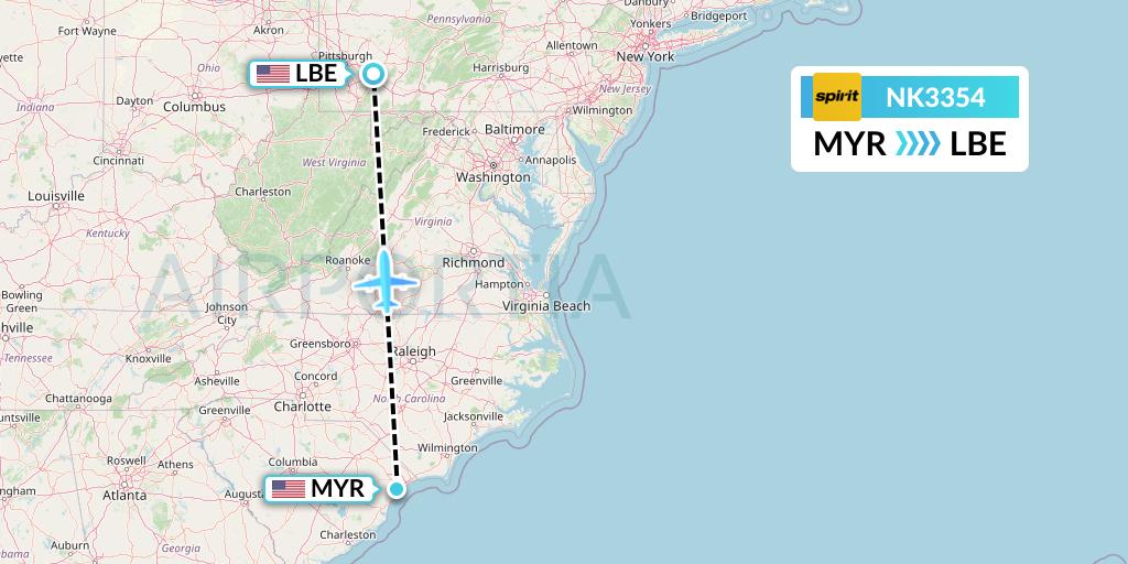NK3354 Spirit Airlines Flight Map: Myrtle Beach to Latrobe