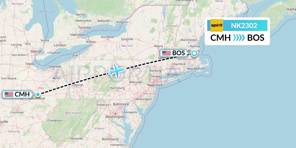 NK2302 Spirit Airlines Flight Map: Columbus to Boston