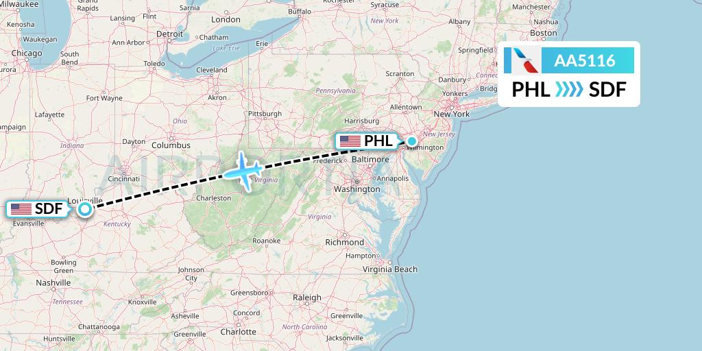 AA5116 American Airlines Flight Map: Philadelphia to Louisville