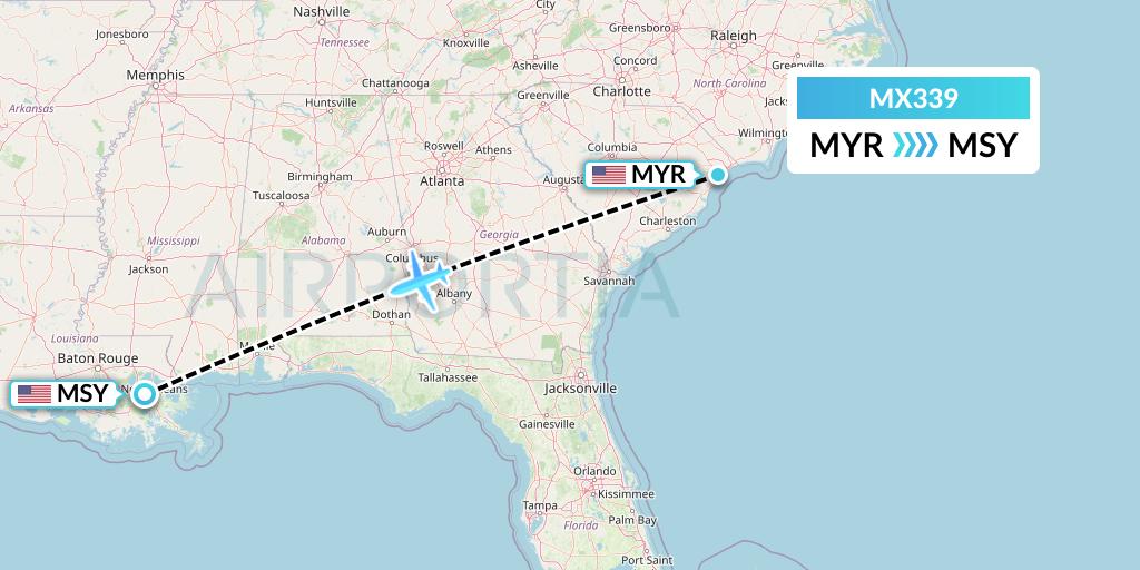 MX339 Breeze Airways Flight Map: Myrtle Beach to New Orleans