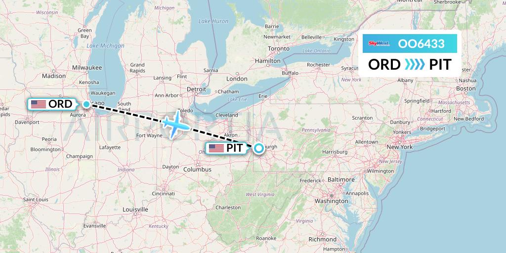 OO6433 SkyWest Airlines Flight Map: Chicago to Pittsburgh