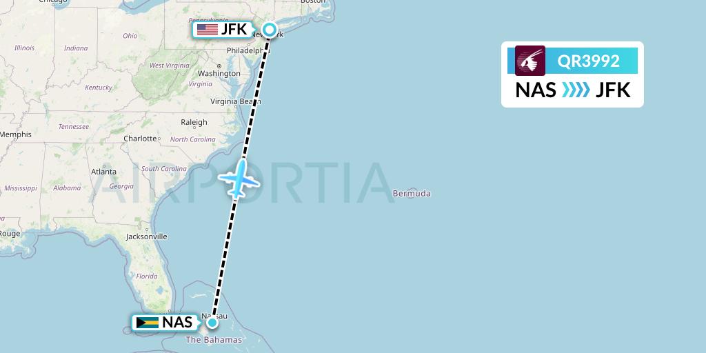 QR3992 Qatar Airways Flight Map: Nassau to New York