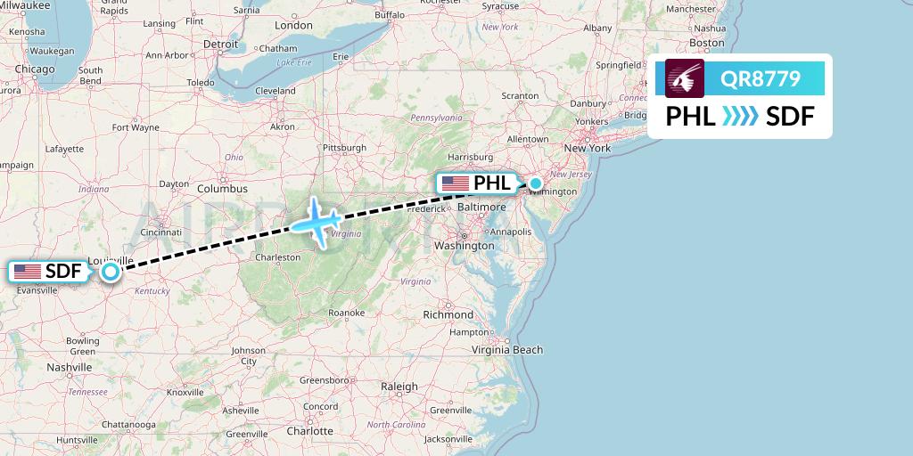 QR8779 Qatar Airways Flight Map: Philadelphia to Louisville