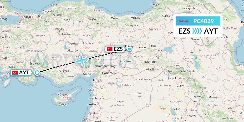 PC4029 Pegasus Airlines Flight Map: Elazig to Antalya