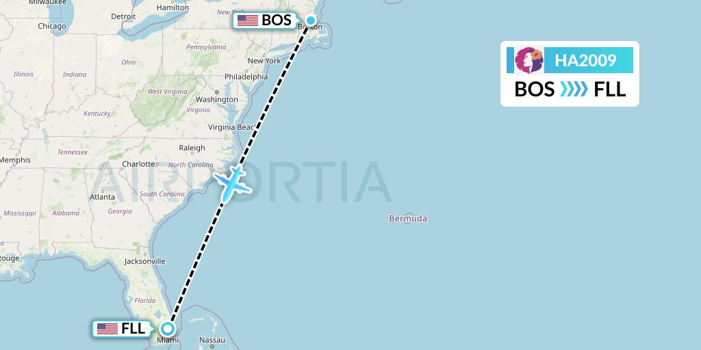 HA2009 Hawaiian Airlines Flight Map: Boston to Fort Lauderdale