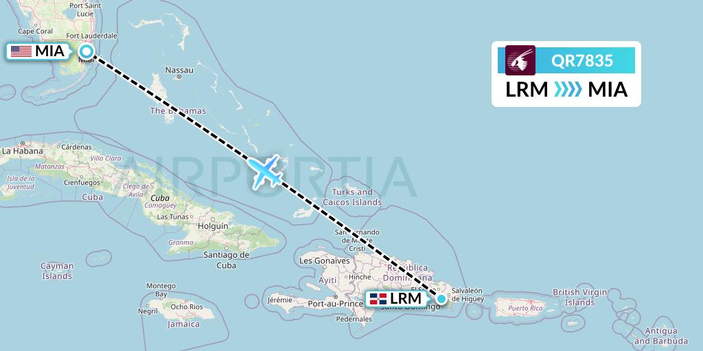QR7835 Qatar Airways Flight Map: La Romana to Miami