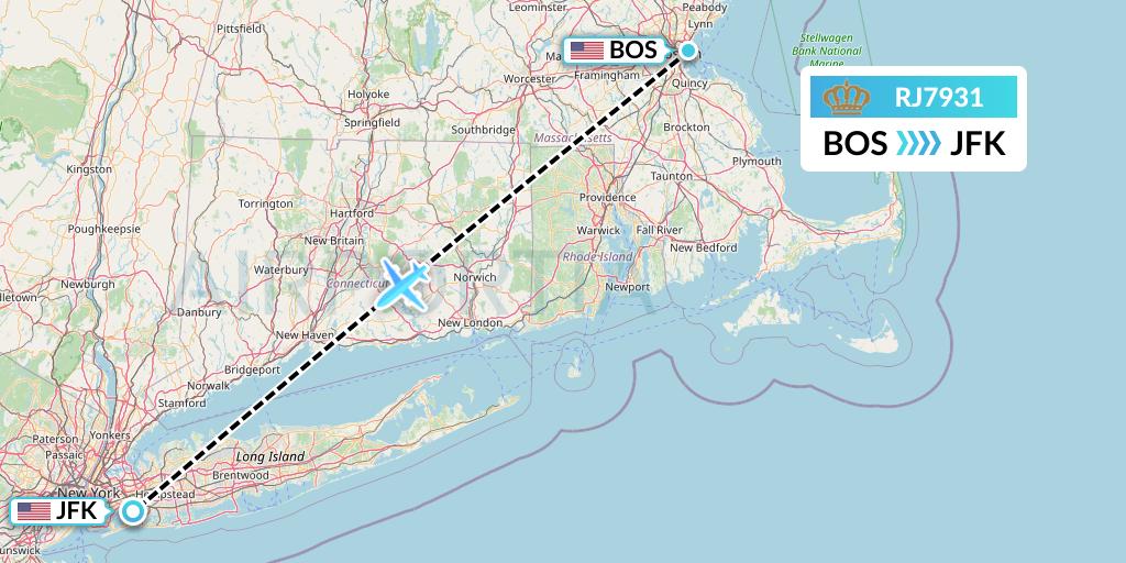 RJ7931 Royal Jordanian Flight Map: Boston to New York