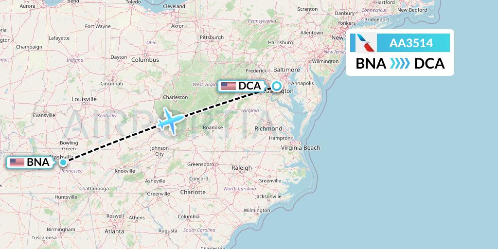 AA3514 American Airlines Flight Map: Nashville to Washington
