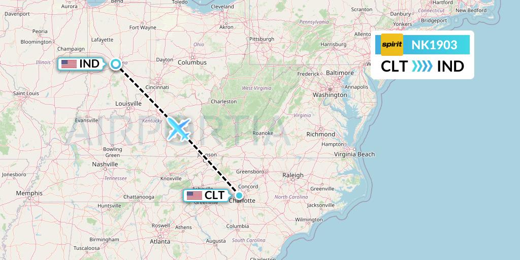 NK1903 Spirit Airlines Flight Map: Charlotte to Indianapolis