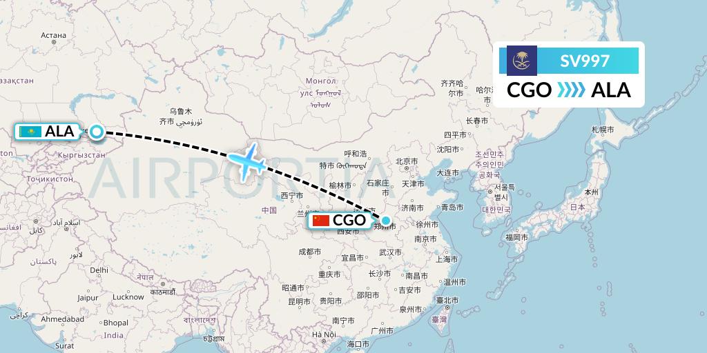 SV997 Saudi Arabian Airlines Flight Map: Zhengzhou to Almaty