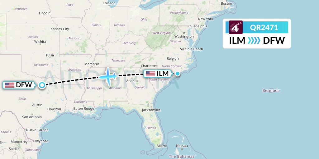 QR2471 Qatar Airways Flight Map: Wilmington to Dallas