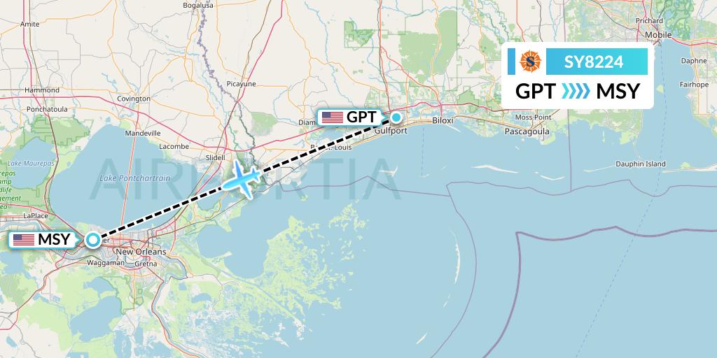 SY8224 Sun Country Airlines Flight Map: Gulfport to New Orleans
