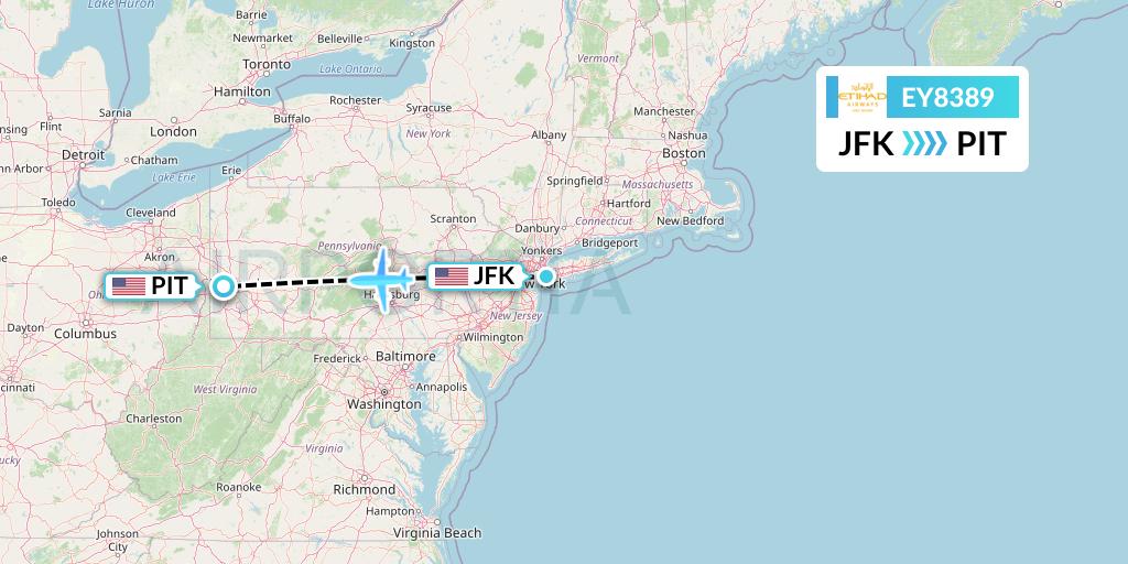 EY8389 Etihad Airways Flight Map: New York to Pittsburgh
