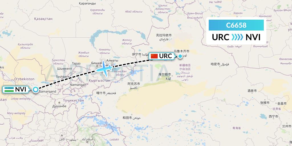 C6658 Capitol Air Express Flight Map: Urumqi to Navoiy