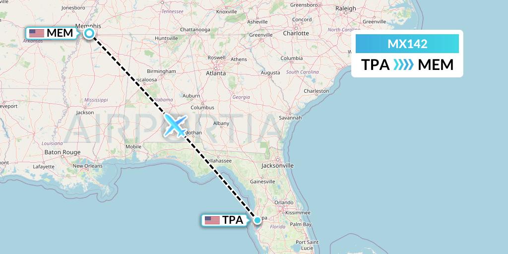 MX142 Breeze Airways Flight Map: Tampa to Memphis
