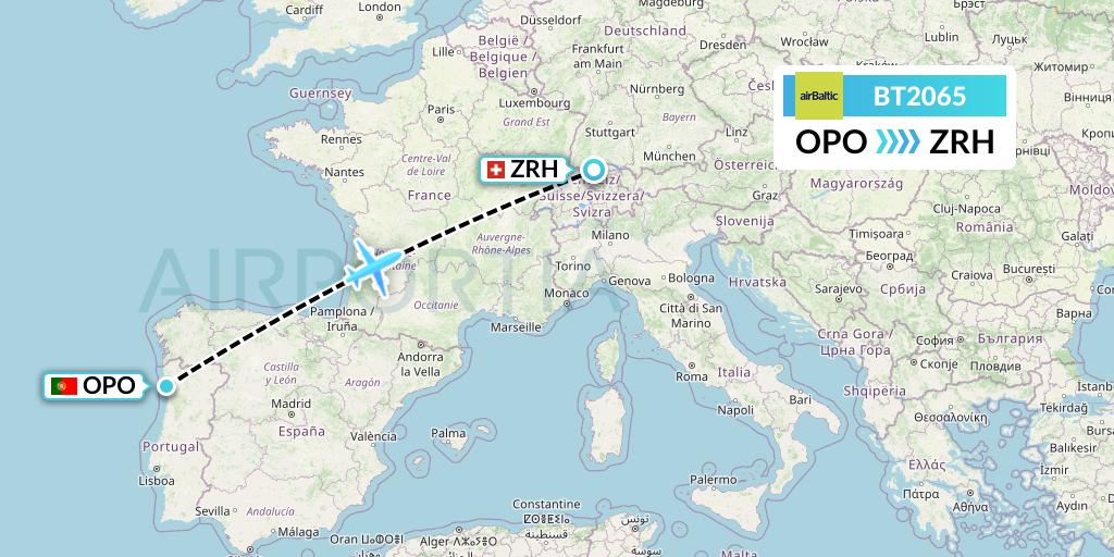 BT2065 Air Baltic Flight Map: Porto to Zurich