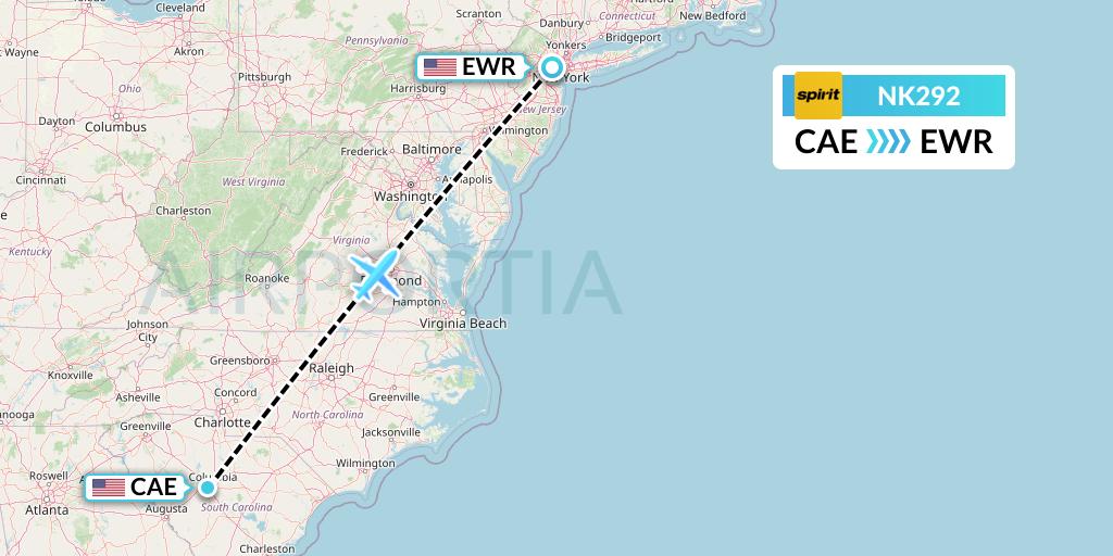NK292 Spirit Airlines Flight Map: Columbia to New York