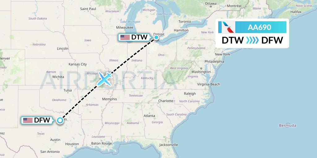 AA690 American Airlines Flight Map: Detroit to Dallas