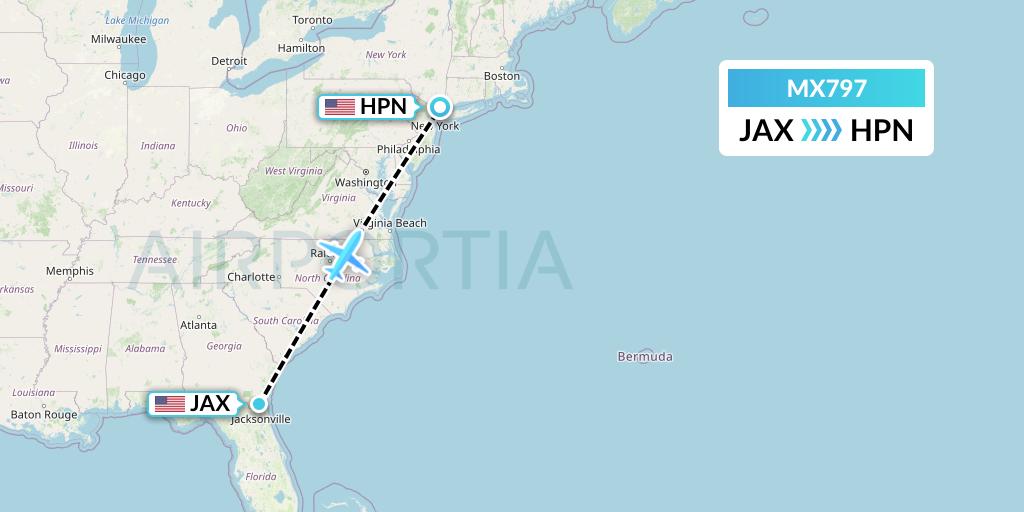 MX797 Breeze Airways Flight Map: Jacksonville to White Plains