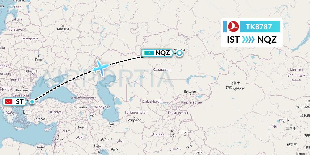 TK8787 Turkish Airlines Flight Map: Istanbul to Astana