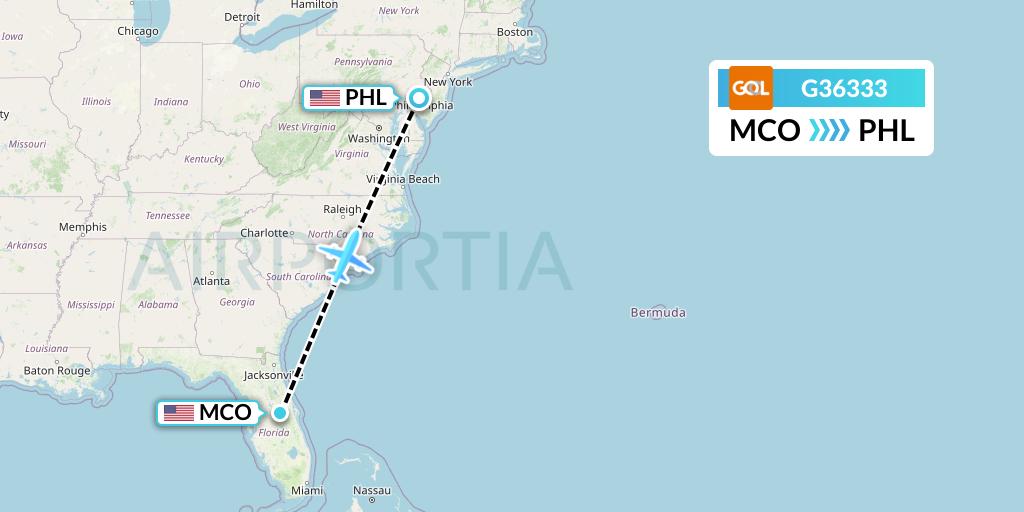 G36333 GOL Transportes Aeros Flight Map: Orlando to Philadelphia