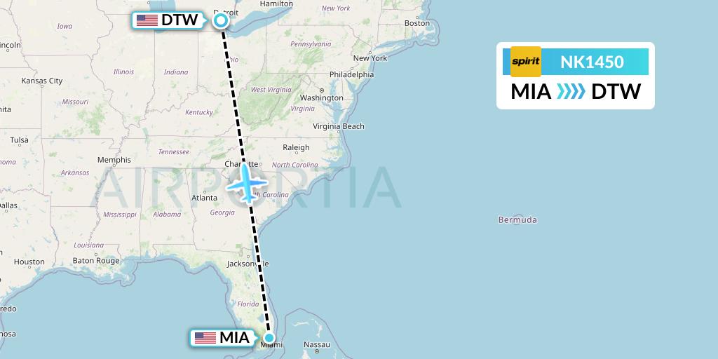 NK1450 Spirit Airlines Flight Map: Miami to Detroit