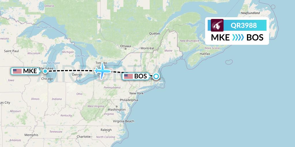 QR3988 Qatar Airways Flight Map: Milwaukee to Boston