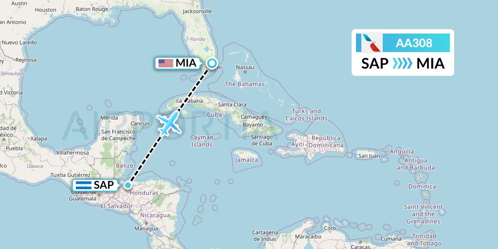 AA308 American Airlines Flight Map: San Pedro Sula to Miami