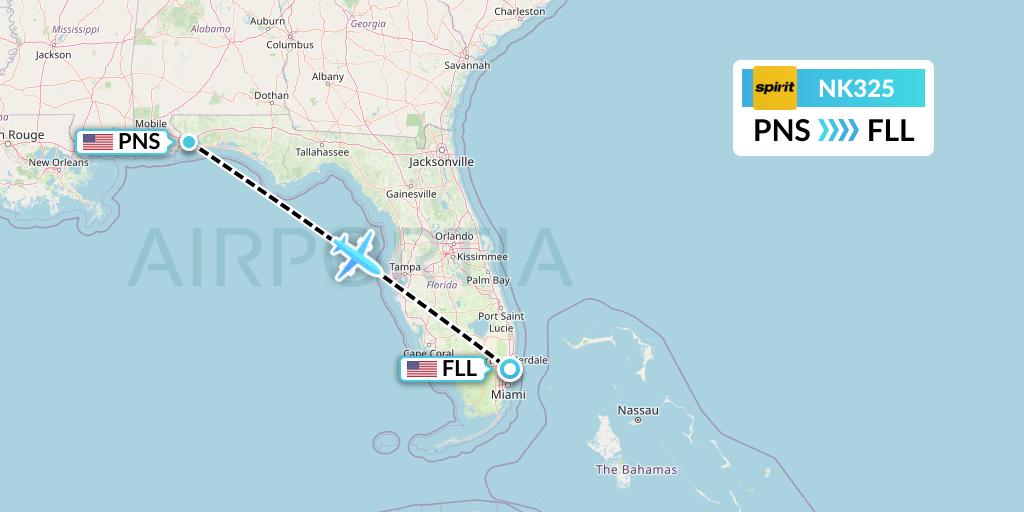 NK325 Spirit Airlines Flight Map: Pensacola to Fort Lauderdale