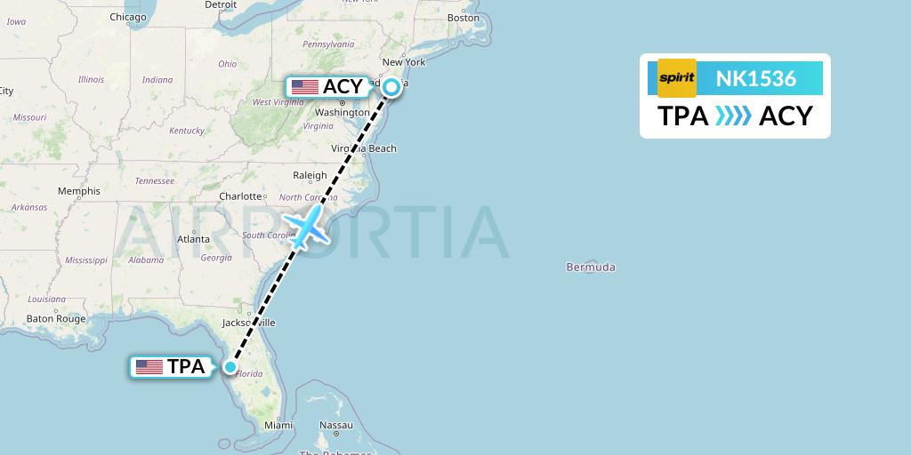 NK1536 Spirit Airlines Flight Map: Tampa to Atlantic City