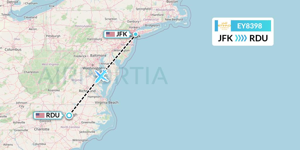 EY8398 Etihad Airways Flight Map: New York to Raleigh-Durham