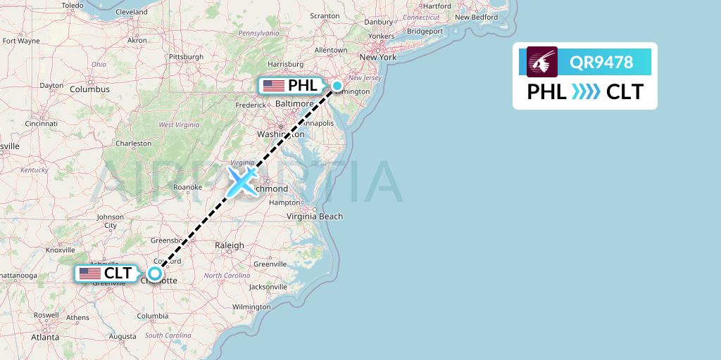 QR9478 Qatar Airways Flight Map: Philadelphia to Charlotte