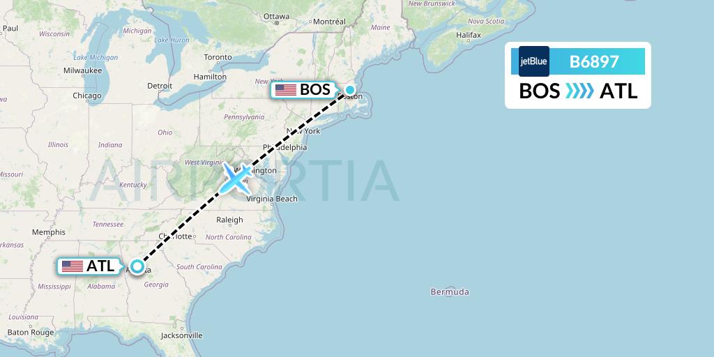 B6897 JetBlue Airways Flight Map: Boston to Atlanta