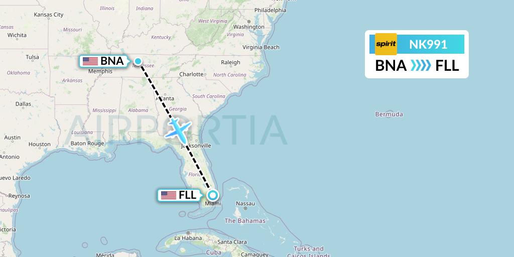 NK991 Spirit Airlines Flight Map: Nashville to Fort Lauderdale