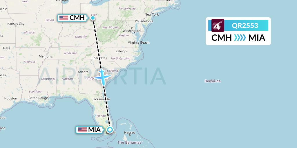 QR2553 Qatar Airways Flight Map: Columbus to Miami