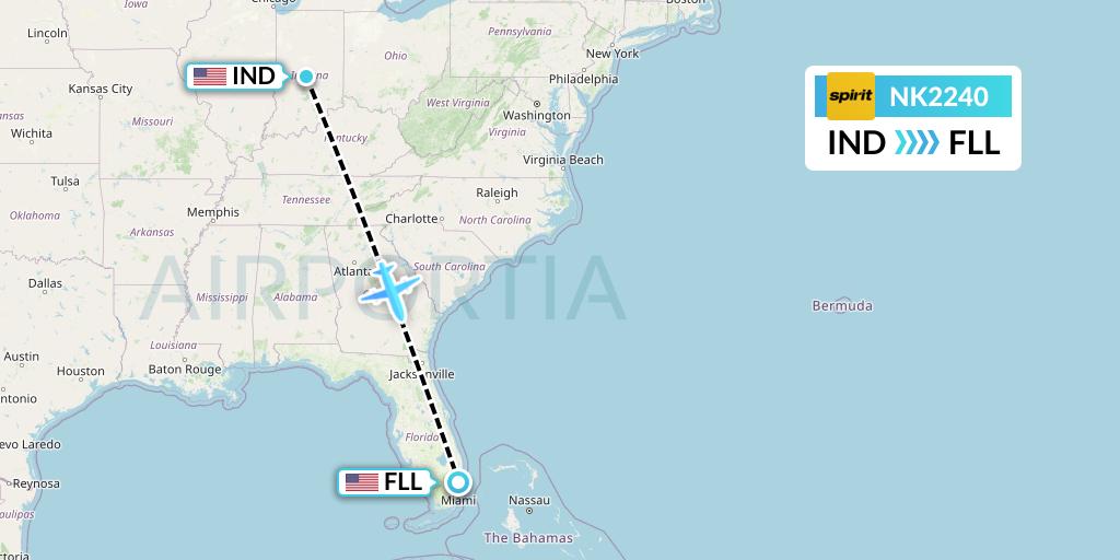 NK2240 Spirit Airlines Flight Map: Indianapolis to Fort Lauderdale