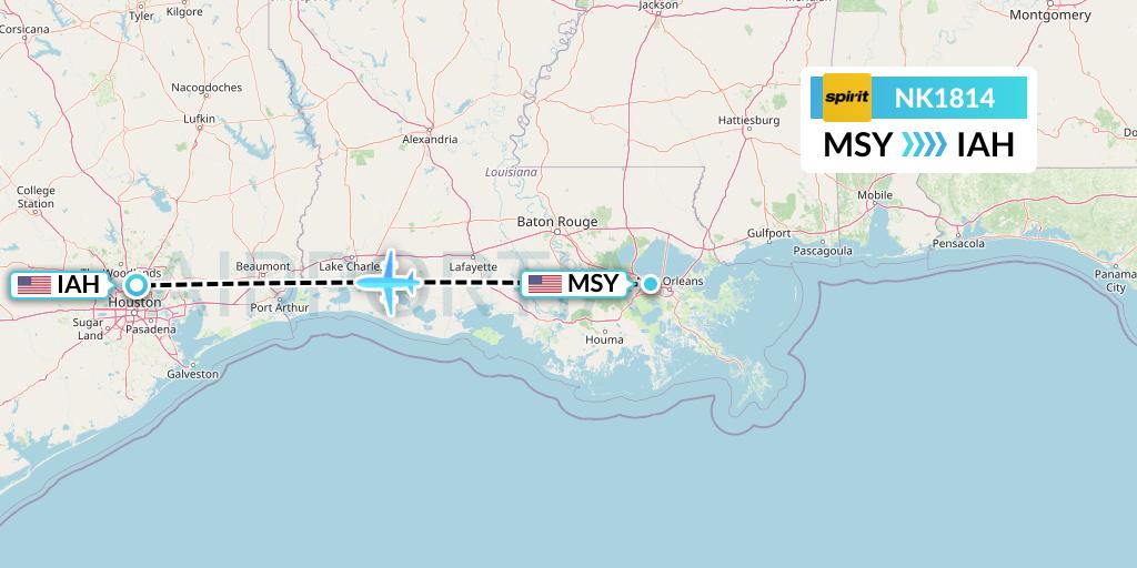 NK1814 Spirit Airlines Flight Map: New Orleans to Houston