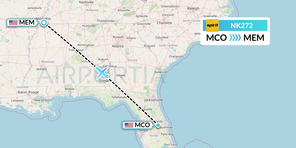 NK272 Spirit Airlines Flight Map: Orlando to Memphis