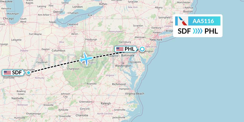 AA5116 American Airlines Flight Map: Louisville to Philadelphia
