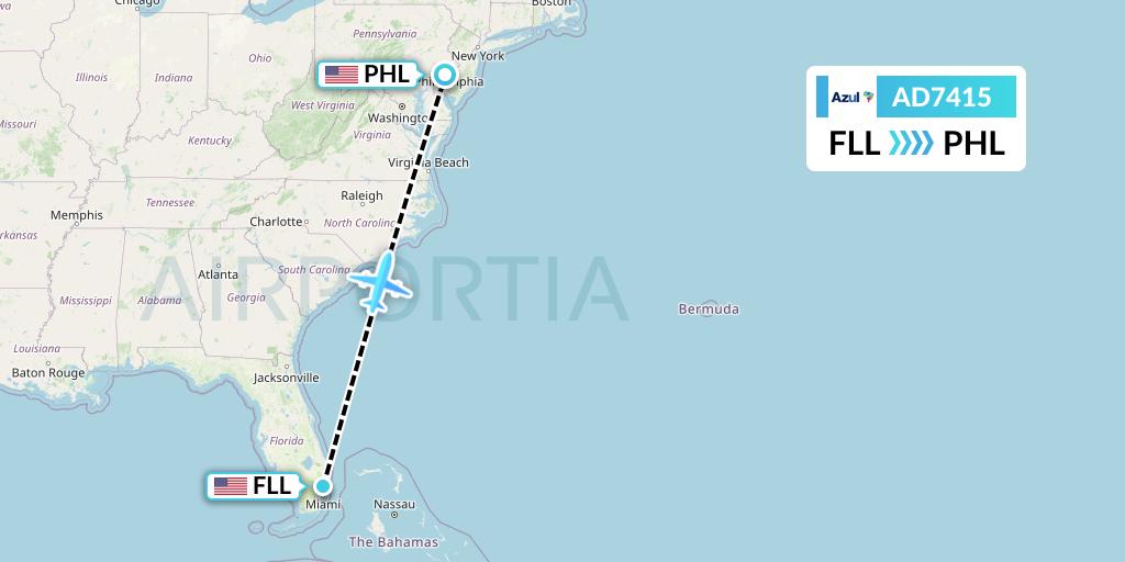 AD7415 Azul Brazilian Airlines Flight Map: Fort Lauderdale to Philadelphia