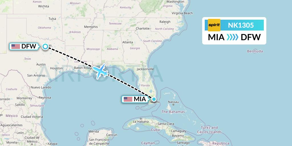 NK1305 Spirit Airlines Flight Map: Miami to Dallas