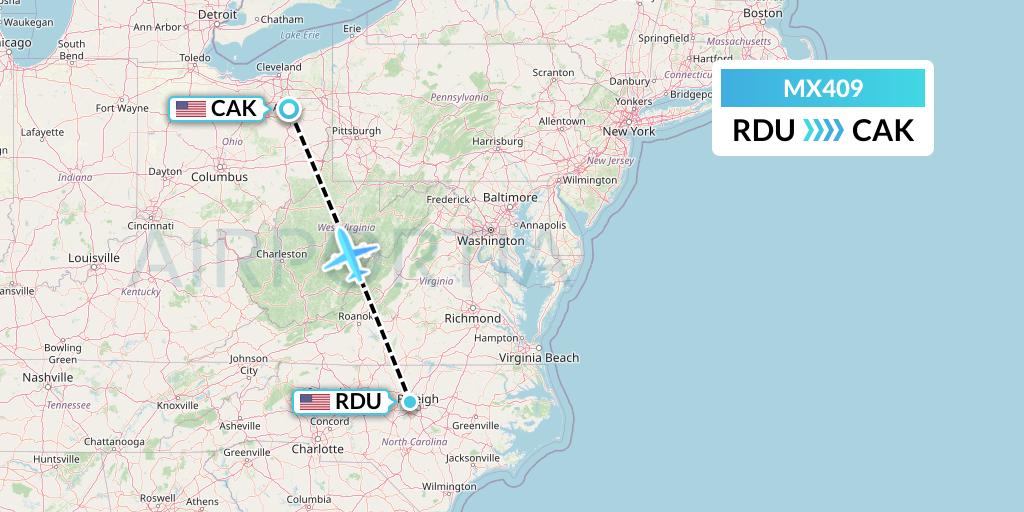 MX409 Breeze Airways Flight Map: Raleigh-Durham to Akron