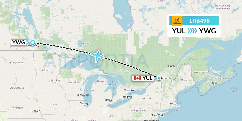 LH6498 Lufthansa Flight Map: Montreal to Winnipeg
