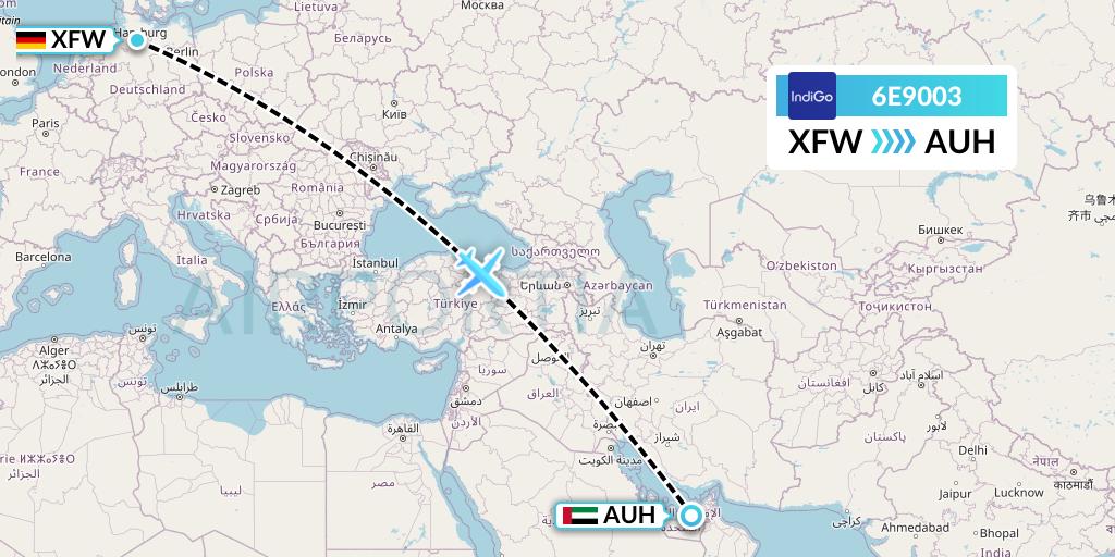 6E9003 IndiGo Airlines Flight Map: Hamburg to Abu Dhabi