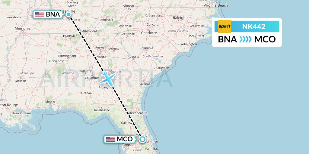 NK442 Spirit Airlines Flight Map: Nashville to Orlando