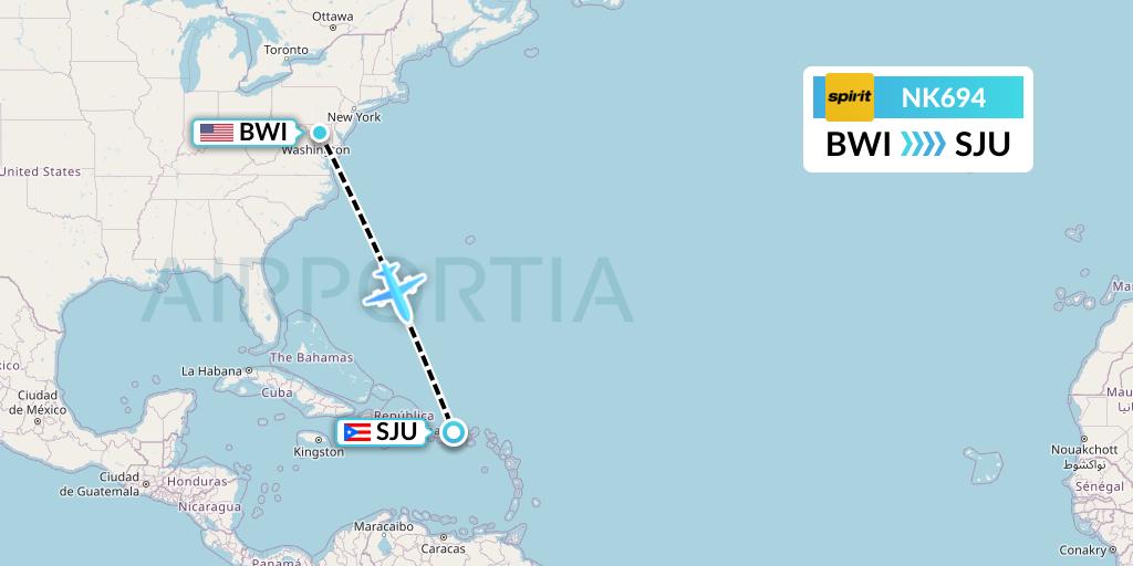 NK694 Spirit Airlines Flight Map: Baltimore to San Juan