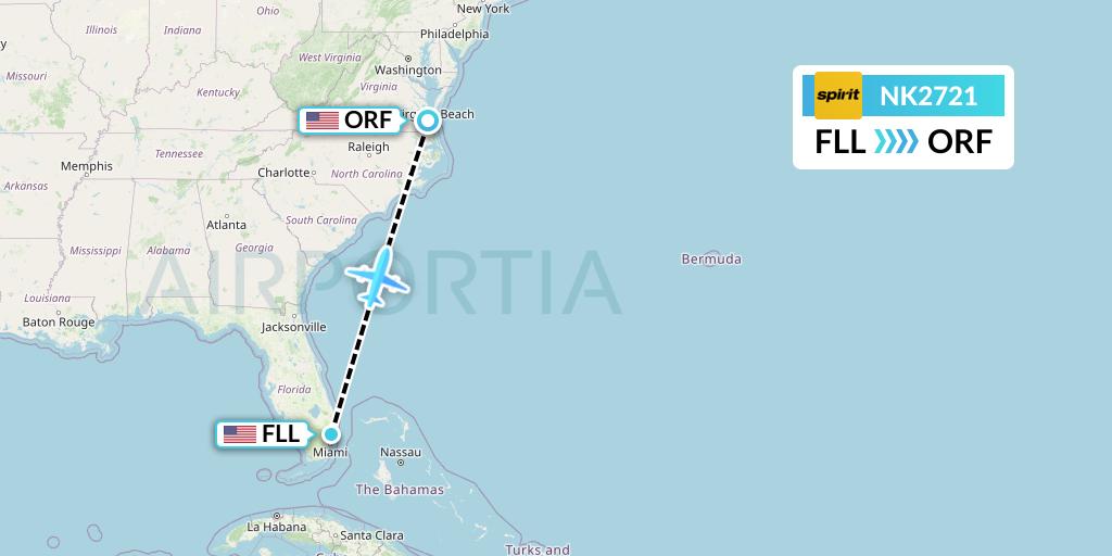 NK2721 Spirit Airlines Flight Map: Fort Lauderdale to Norfolk
