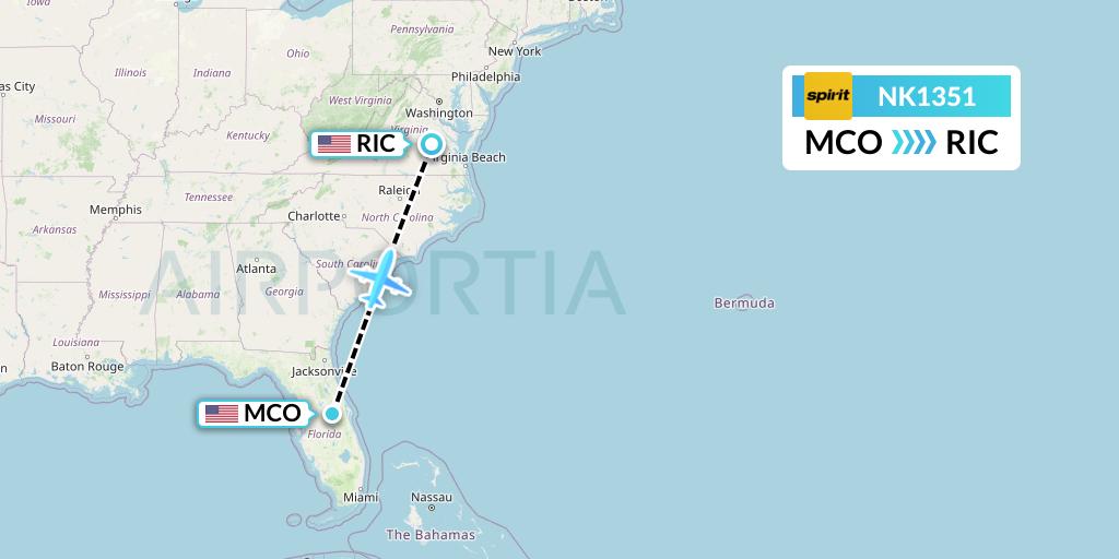 NK1351 Spirit Airlines Flight Map: Orlando to Richmond