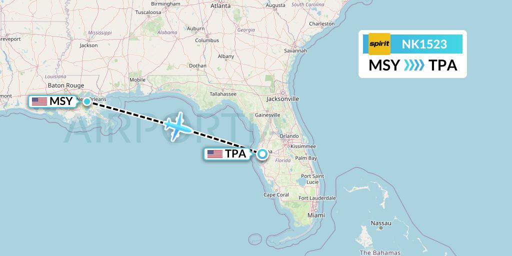 NK1523 Spirit Airlines Flight Map: New Orleans to Tampa