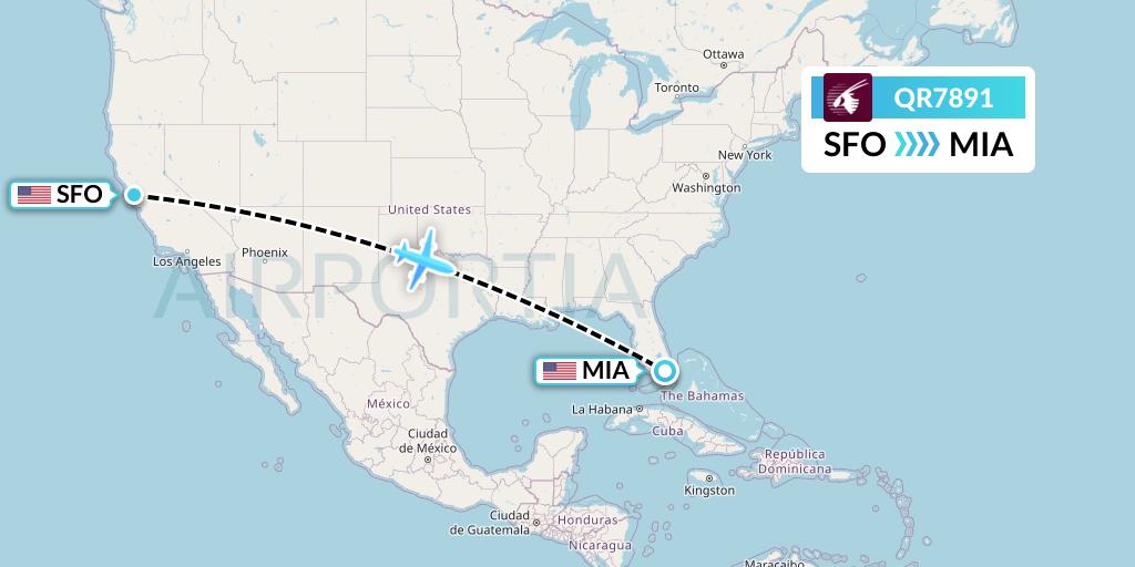 QR7891 Qatar Airways Flight Map: San Francisco to Miami